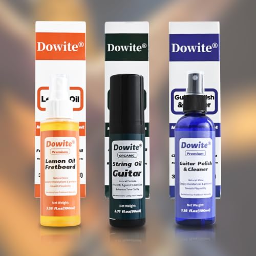 Dowite Guitar Cleaning Kit - 4 in 1 Guitar Care Kit with 100ml Fretboard Lemon Oil, 100ml Polish&Cleaner, 80ml String Anti-Rust Oil and 29x29cm Cloth - for Acoustic, Electric Guitar, Bass, Ukulele