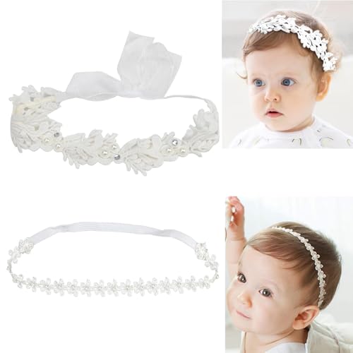 Image of Elegant White Flower Christening Headbands for Baby Girl, Elastic Soft Lace with Cute Tulle Pearl Hair Strap, Stretchy Baptism Halo for Pure Newborns Infants Toddlers (Over 6 Months) (2 Pack 18-20in)