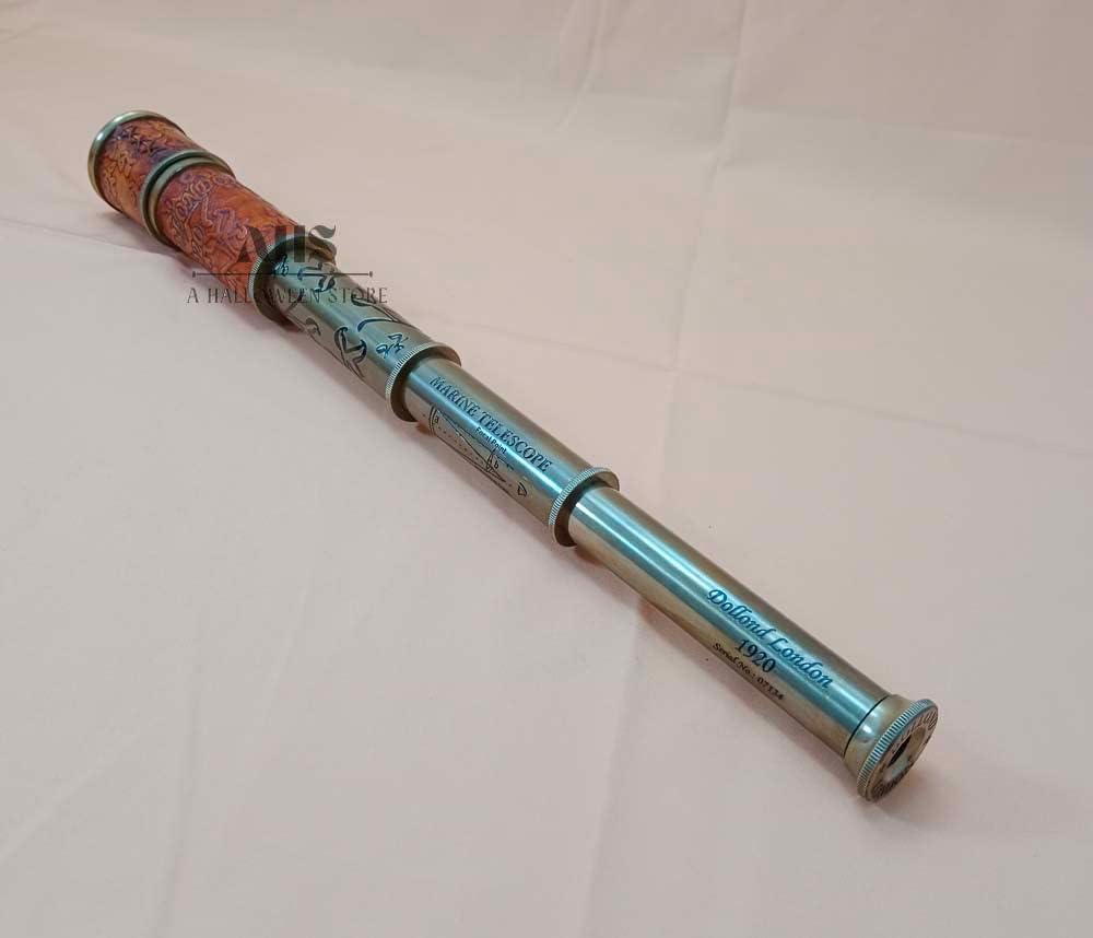 Vintage Brass Spyglass Telescope – 16″ Extendable Nautical Spyglass with Leather Case | 5× Magnification | Decorative Antique Telescope for Home, Office, Birdwatching & Sailing