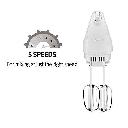 Image of Ovente Portable Electric Hand Mixer 5 Speed Mixing, 150W Powerful Blender for Baking & Cooking with 2 Stainless Steel Chrome Beater Attachments & Snap Clear Case Compact Easy Storage, White HM161W
