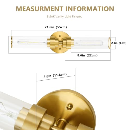 Image of Modern Bathroom Light Fixtures 2 Lights Above Mirror Gold Vanity Light 20 Inch Clear Glass Wall Sconce for Living Room, Bedroom, Bathroom, Kitchen and Hallway