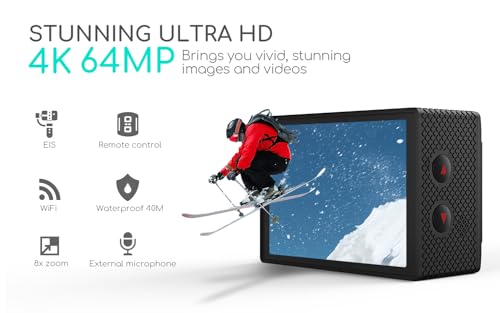 COOAU Action Cam HD 4K 64MP WiFi EIS Stabilization with External Microphone Underwater Camera 40M with Remote Control Waterproof Video Camera 170° Wide Angle Time Lapse/2 Batteries (Black) - Image 2