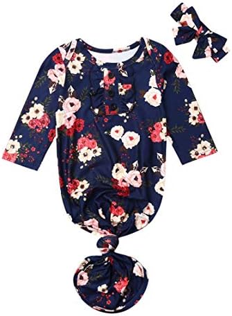 Newborn Baby Boy Girl Floral Nightgowns Bowknot Headband Hat Sleepwear Romper Sleeping Bag Pajamas Set