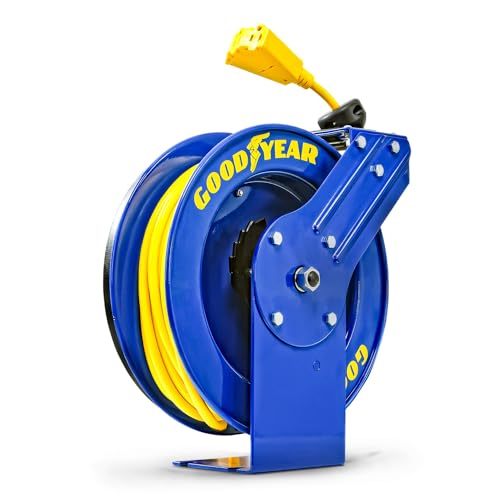 Goodyear Retractable Extension Cord Reel Heavy-Duty Commercial Cable with Triple Tap Connector, Auto-Rewind & Wall/Ceiling Mountable (Industrial, 12AWG x 80 ft)
