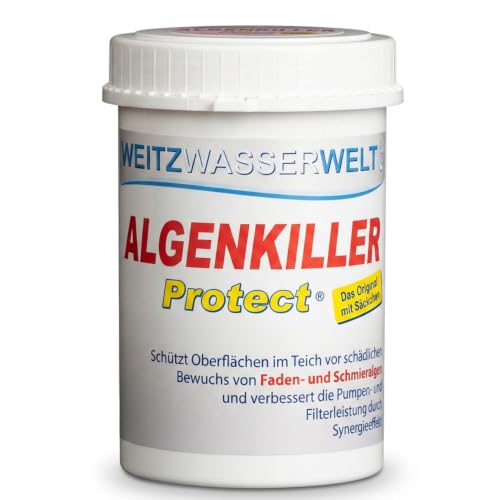 ALGENKILLER Protect - Der Algenenferner für den Teich. Algen und Grünbelag abbau mit Synergieeffekt verbessert die Pumpen- und Filterleistung. Optimaler Oberflächenschutz mit Langzeitwirkung.