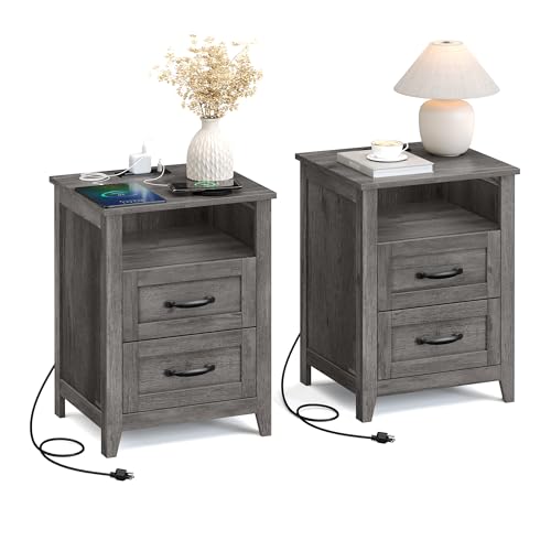 VASAGLE LIRY Collection - Farmhouse Nightstands with Charging Station Set of 2 Bedside Tables Side Tables with 2 Drawers Open Compartment for Bedroom Misty Gray ULET869G01