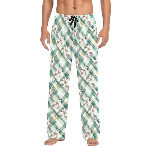 Mens Cotton Pajama Pants Sleep Lounge Pj Bottoms Sleepwear with Pockets Drawstring S Flower Decorative2