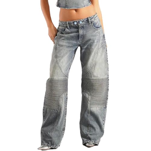Mandonce Barrel Jeans for Women, Blue, Wide Leg, Mid Rise, Striped Patchwork, Cargo Style, Trendy Y2K Jeans