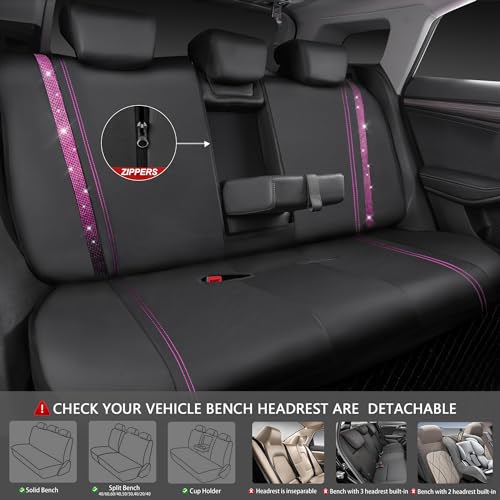 Image of CAR PASS Bling Diamond Car Seat Covers Full Set, Shining Rhinestone Waterproof Faux Leather, Rear with Zipper, Universal Fit Automotive Glitter Crystal Sparkle Strips for Women Girl, Black Pink