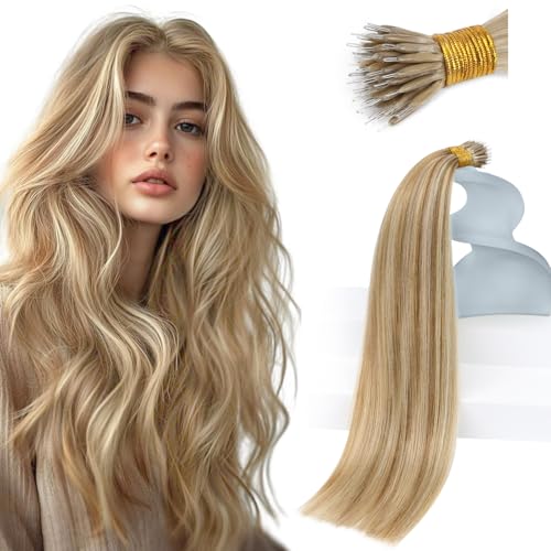 Sunny Hair Nano Bead Hair Extensions Human Hair Light Blonde Nano Extensions Human Hair Highlight Nano Tip Hair Extensions Light with Platinum Blonde for Women 14inch 50g