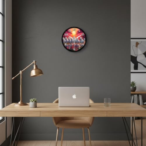 Image of Lucky 7 Running White Horses Vastu Wall Clock for Living Room & Home Decor | Round Analog Silent Non-Ticking Sunrise Watch | Feng Shui Decorative Timepiece for Office, Black Frame