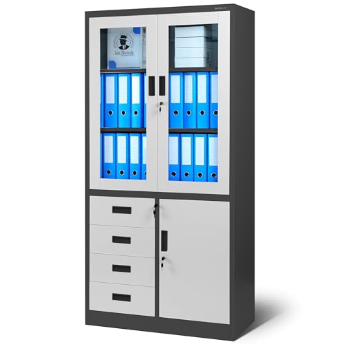 Jan Nowak Aktenschrank C042 Büroschrank Metallschrank Flügeltüren Schubladen Pulverbeschichtung Stahlblech 185 cm x 90 cm x 40 cm (H x B x T) (Weiß)