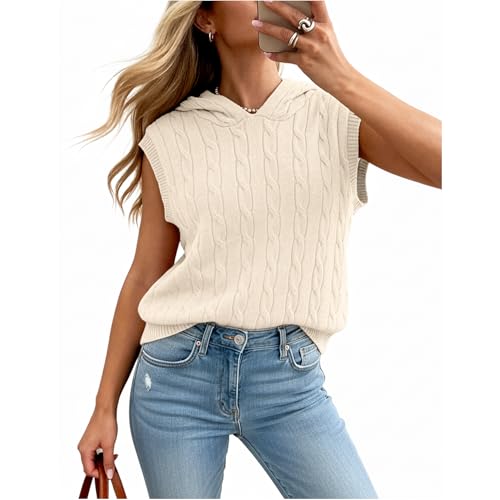 Truwelby Womens Sweater Vest Sleeveless Cable Hoodies Casual Knit Sweater Lightweight Pullover 2026 Summer Hooded Tank Tops (Beige S)