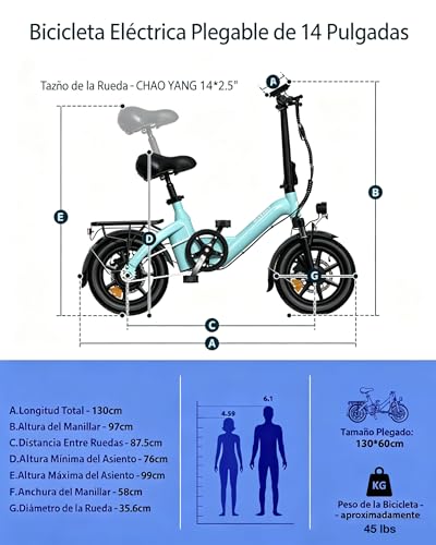 Miniatura 7 de Bodywel T16pro Bicicleta Eléctrica Plegable, 14 Portable E-Bike, City Ebike Con 4.5 Pulgadas Pantalla Led, Batería 36v 7.8ah, Frenos De Doble Disco Y Suspensión Delantera Almendra