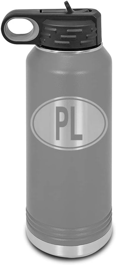 Poland Oval Laser Engraved Water Bottle Customizable Polar Camel Stainless Steel with Straw - country code PL Black 32 oz