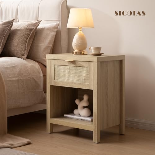Image of SICOTAS Nightstands Set of 2 Rattan Night Stand with Drawer 19.7 inch Wide