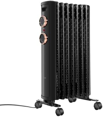 Oil Filled Space Heater for indoor use with 3 Heating Modes, Energy Saving 500-1500W Adjustable Thermostat Radiator Heater, with Universal Wheels for Bathroom, Bedroom, Study room, Matte Black