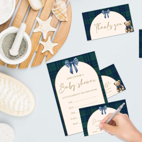 Teddy Bear Baby Shower Decorations,We Can Bearly Wait Baby Shower Invitations with Envelopes for 20 Guests,Navy Blue Plaid Bear Theme Party Supplies,Gender Reveal Decorations,Invitation Card Bundle by Generic - Used condition - Image 5