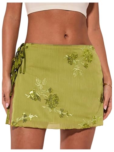 MakeMeChic Women's Floral Embroidery Mini Skirt Low Waist Tie Side Split Skirts