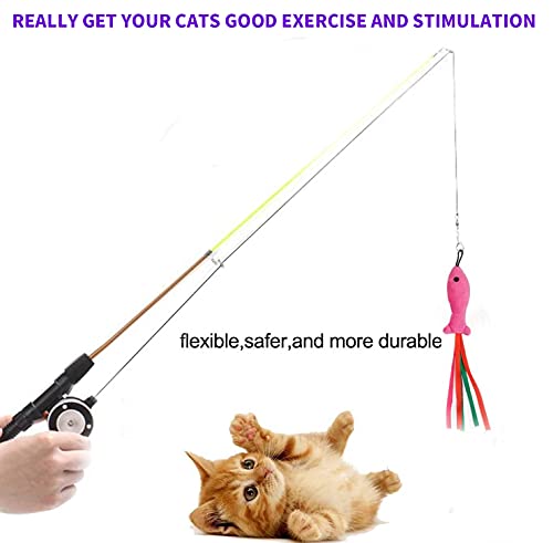 Whefory Retractable Cat Teaser Wand Toy, Cat Toys For Indoor Outdoor Cats Interactive Fishing Rod With 8 Pcs Refills Feather Toy, Plush Mouse Caterpillar & Fish #TOP5