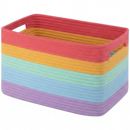 Danlai Cesta De Almacenamiento, Cesta Tejida De Cuerda De Algodón Arcoíris con Asa para Ropa, Juguetes, Mantas, Ropa De Cama Y Toallas para Habitación del Dormitorio.