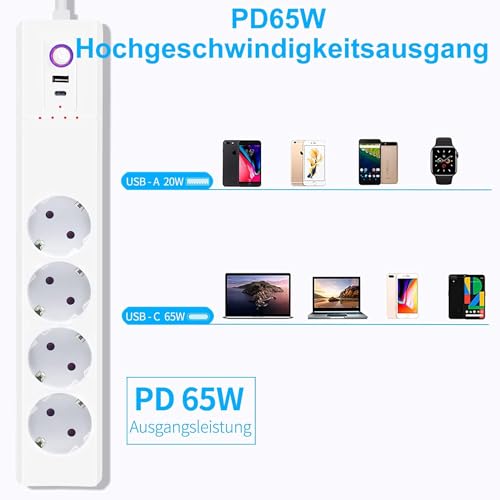 Jinvoo Steckdosenleiste, USB-C 65W, 1700J &Uuml;berspannungsschutz-Mehrfachsteckdose, Steckdosenverteiler mit 1,5 m wei&szlig;em Verl&auml;ngerungskabel, Office Home-Steckdose, &Uuml;berlastschutz,3000W,16A