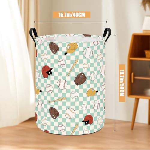 Image of Round Laundry Basket Collapsible Storage Hamper Green Grid Baseball | Waterproof Canvas Foldable Baskets with sturdy Handles Multi-scene Organizer for Home Play Bedroom Gift Bin