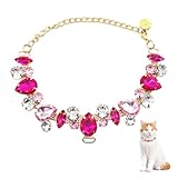 FUATY Gold Cat Chain Collar with Cute Pet Paw & Metal Lock, Adjustable Sparkling Crystal Pet Necklace for Small Medium Cats & Dogs, Pink Rhinestones Jewelry Accessory – Gift Box Included