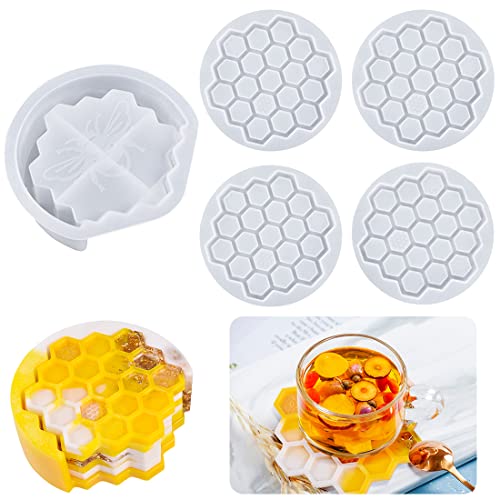 Voyyphixa Lot de 4 Moules Rayon de Miel en Résine pour Dessous de Verre avec Moule De Boîte De Rangement Coaster Moule Silicone Resine Epoxy pour sous-Verres en Agate d'art et Décoration de Maison Cover
