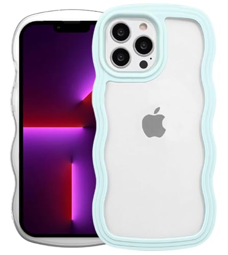 Image of GoldKart iPhone 13 Pro Max Case Wavy Edge Clear Back Design, Anti-Slip Grip Cute Wave Curly Frame Shape Shockproof Soft TPU & Hard PC Bumper Protective Phone Case Cover for Women Girls - Light Blue