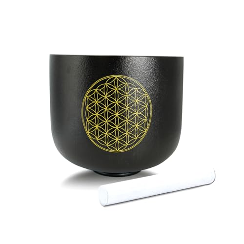 Siceeoly 6" B Note Flower of Life Black Crystal Singing Bowl Frosted Quartz Crown Chakra Meditation Sound Healing Suede Striker O-ring