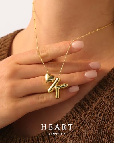 Heart Letter Necklace, 14k Gold Plated Initial Dainty Necklace for Women, Chunky Bubble Balloon Charm Pendant Name Personalized Jewelry Gift4