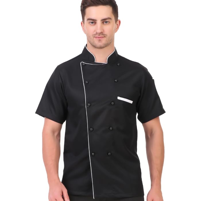 Kodenipr Club Royal Series Black Chef Coat White Piping, Half Sleeves, Poly/Cotton, Size (Medium(38), Black)
