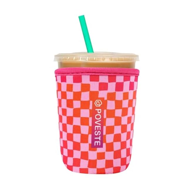 Reusable Neoprene Insulator Sleeve for Iced Coffee & Cold Soda, Coffee Sleeves for Iced & Hot Drinks, Cold Beverage Cooler Compatible with Starbucks, Dunkin (Gradient Cherckerboard, Small: 16-18oz)