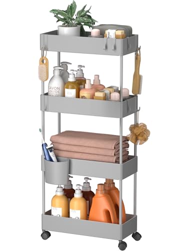Pipishell Slim Storage Cart with Wheels, 4 Tier Bathroom Storage Organizer Rolling Utility Cart for Bathroom Kitchen Laundry Room Office Narrow Place (Gray)