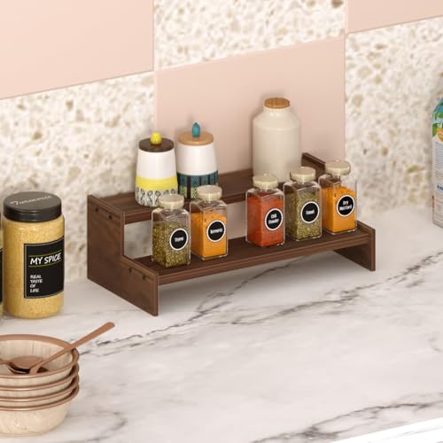 Image of BLUEWUD Dolvin Mini Ladder Style Engineering Wood Spice Masala Rack Shelf Stand Organiser /Spice Bottle Display Rack & Cup Stand for Home & Kitchen, DIY (Do it Yourself) (Brown Maple, 31.1x15.7x10 Cm)