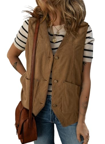 Dokotoo Womens Corduroy Vests Outerwear 2025 Button-Down Lightweight Waistcoat Sleeveless Jacket Casual Vest