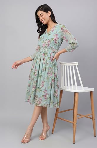 Image of Janasya Women's Dobby Georgette Floral Printed Fit & Flare Dress