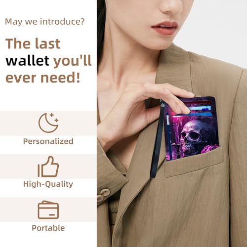Credit Holder Slim Wallet, PU Leather RFID Blocking, Women & Men Front Pocket Small Card Holder, Credit Card Wallet with Wristlet, Convenient Travel Business, Skull Flowers and Candle4
