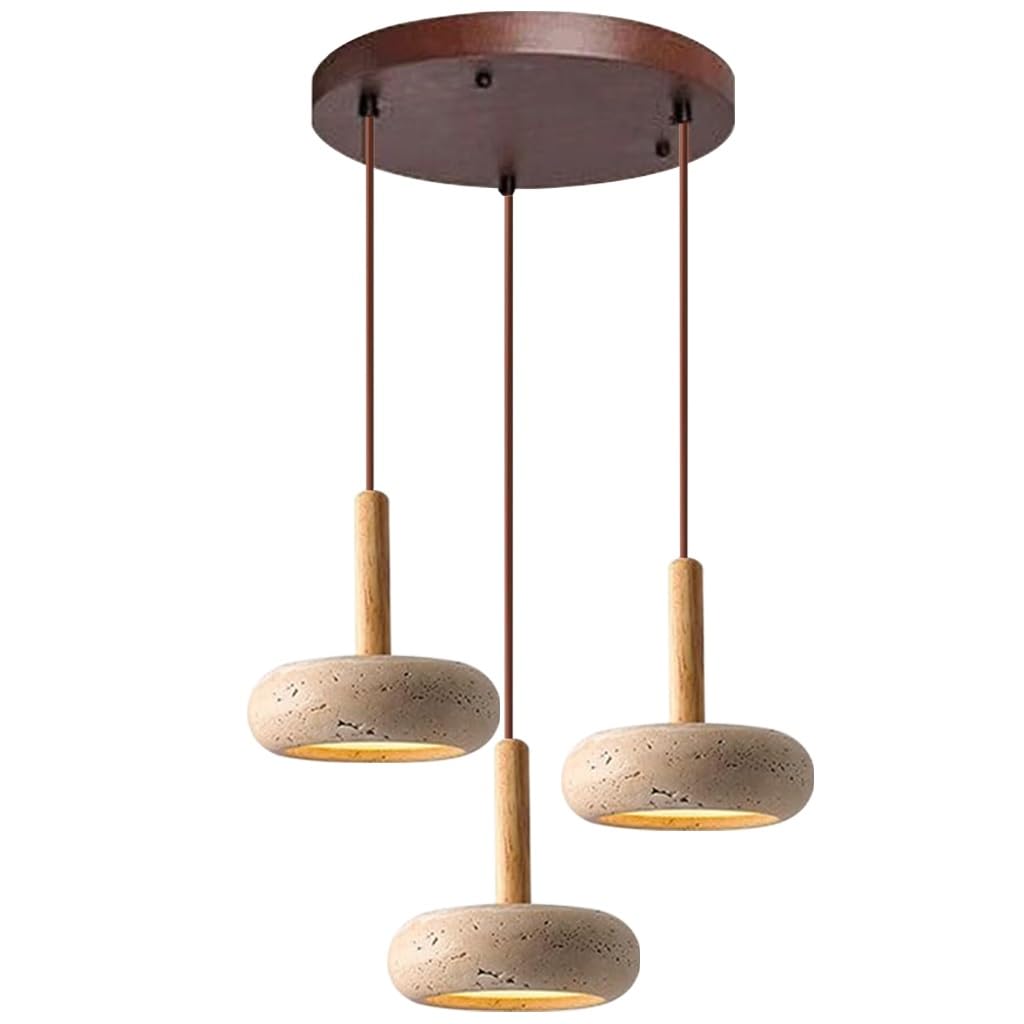 TMKOO Wabi Sabi Pendant Light Yellow Travertine with Round Natural Stone Shade Nordic Wood LED Hanging Adjustable Loop for Bedroom Nightstand Living Room Kitchen Island(Round)