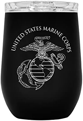 Military Gift Shop USMC Steel Stemless Wine Glass Tumbler, 12 oz Double Wall Vacuum Insulated Outdoor Whiskey Tumbler–Black with Marine Corps logo and Lid