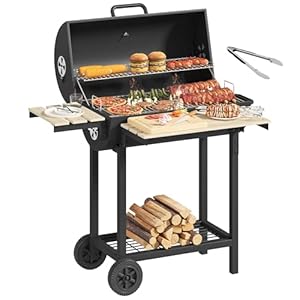YITAHOME L Grillwagen Smoker Holzkohlegrill mit Gusseisenrost & Emaille-Pfanne - Mobiler BBQ Grill für Garten, Camping, Outdoor - Inkl. Thermometer, Küchenzange, Grillhandschuh, Robustes Design