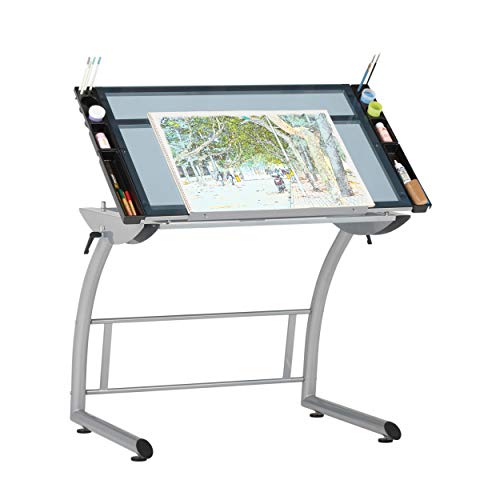Sd Studio Designs Triflex Drawing Table, Sit To Stand Up Adjustable Office Home Computer Desk, 35.25" W X 23.5" D, Silver/Blue Glass #TOP4