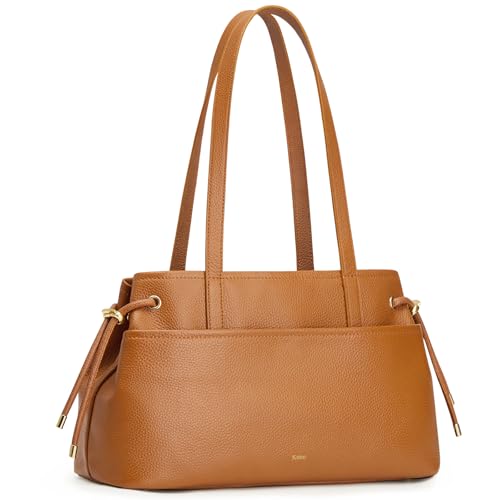Image of Kattee Premium Leather Shoulder Bag for Women with Drawstring | Top grain pebbled leather with drawstring sides, roomy pockets, and space for a 7.9-inch tablet.