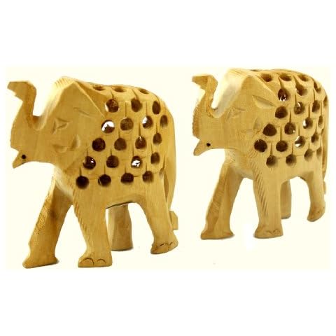 Krishna Mart India Pair of Hand Carved Elephant Wooden Jali Figurine Wood Statue 3 icnhes Cover