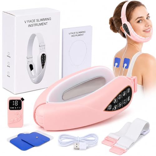 XPJBKC Papada Lifting V-Face, 5 Modos 15 Niveles Mando 5 Led V Face Masajeador Facial, Lifting Anti-Arrugas Reductor De Papada Lifting Para Cara Mujeres Hombres, Rosa