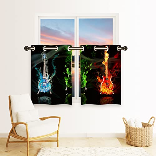 Anhope Music Curtains For Bedroom - Kids Red&Green&Blue Guitar Musical Instruments Print Pattern Grommet Blackout Thermal Insulated & Room Darkening Window Drapes For Musicroom W36 X L48 2 Panels #TOP2
