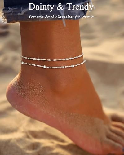 Image of ZHESHY Gold Silver Ankle Bracelets for Women 14K Gold Plated Anklets for Women Waterproof Cuban Link Heart Chain Anklets Set Non Tarnish Dainty Layered Anklet Bracelets for Women Summer Beach Jewelry