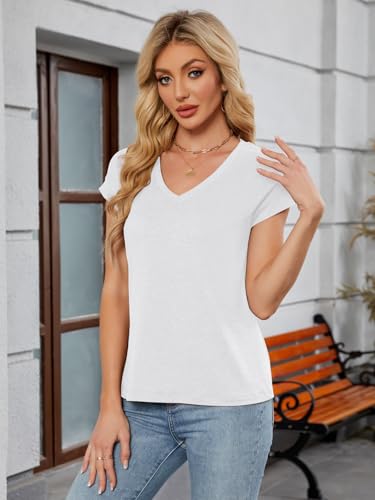 YOKGO Womens Summer Tops Short Sleeve V Neck T Shirts Basic Tees Cap Sleeve Shirts Casual Trendy Work Business Clothes 2026 White — view 3