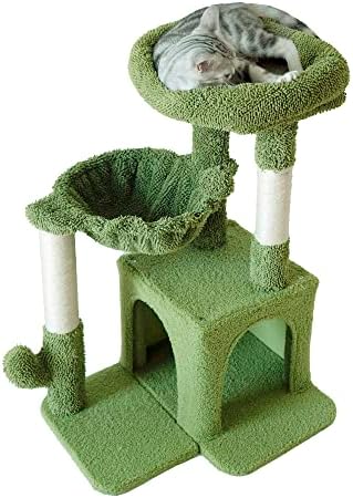Pesofer Cactus Cat Tree, Small Cat Tower with Sisal Scratching Post and Hammock Green